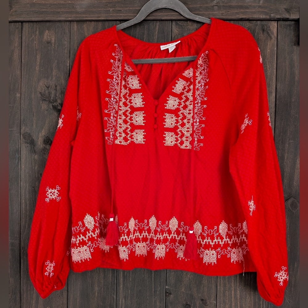 Knox Rose Red Embroidered Boho Peasant Top – Size M
